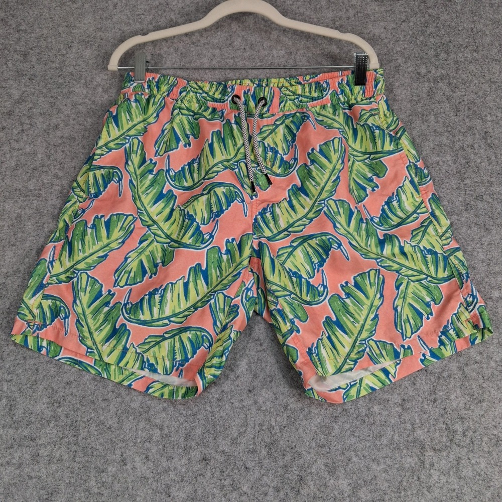 Maamgic Swim Trunks Mens Medium Peach Green Banana Leaf Tropical Shorts